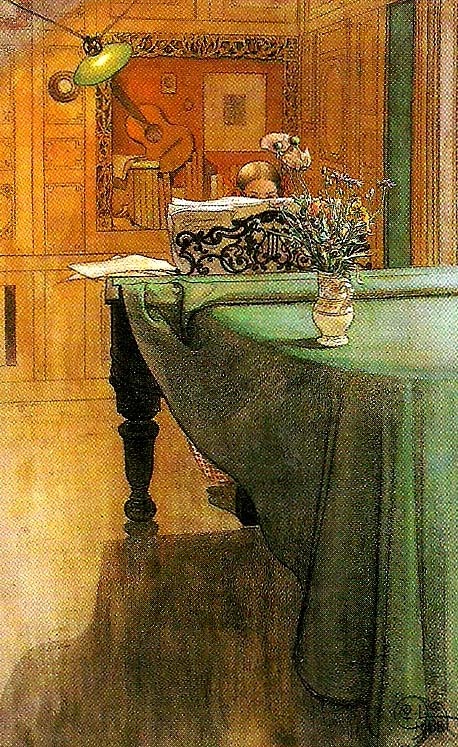 Carl Larsson brita vid pianot-aftonbelysning vid pianot